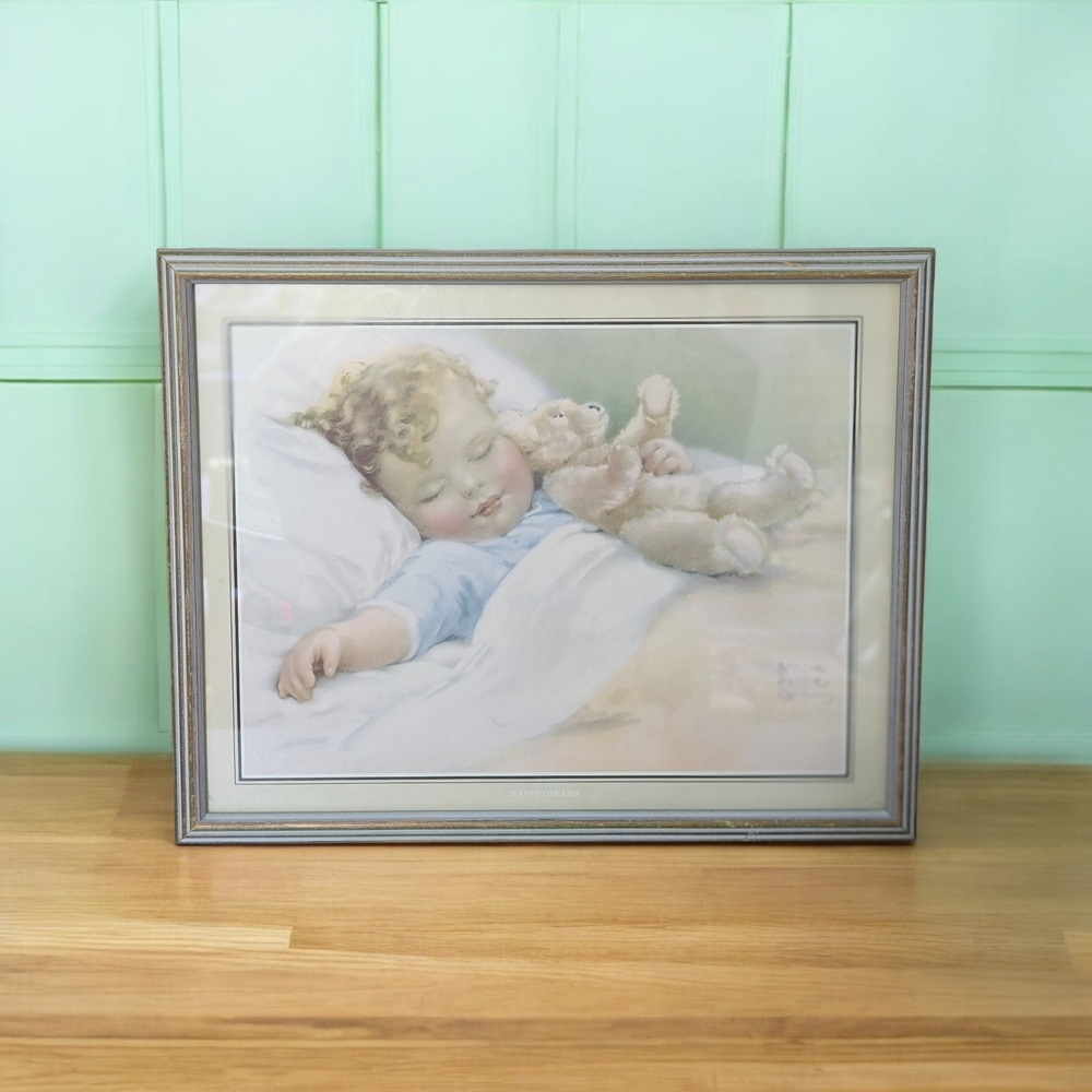 Framed Sleeping Child and Teddy Bear Art
